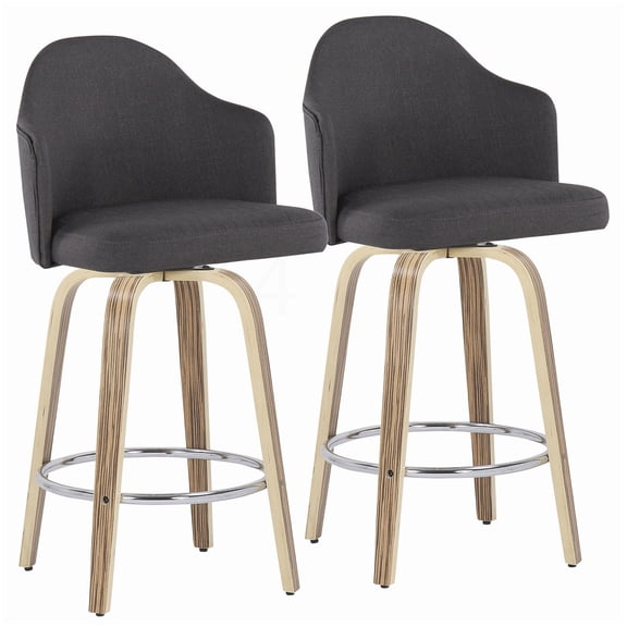 Modern Swivel Bar Stools Set of 2, Charcoal Fabric Seat and Zebra Wood Base