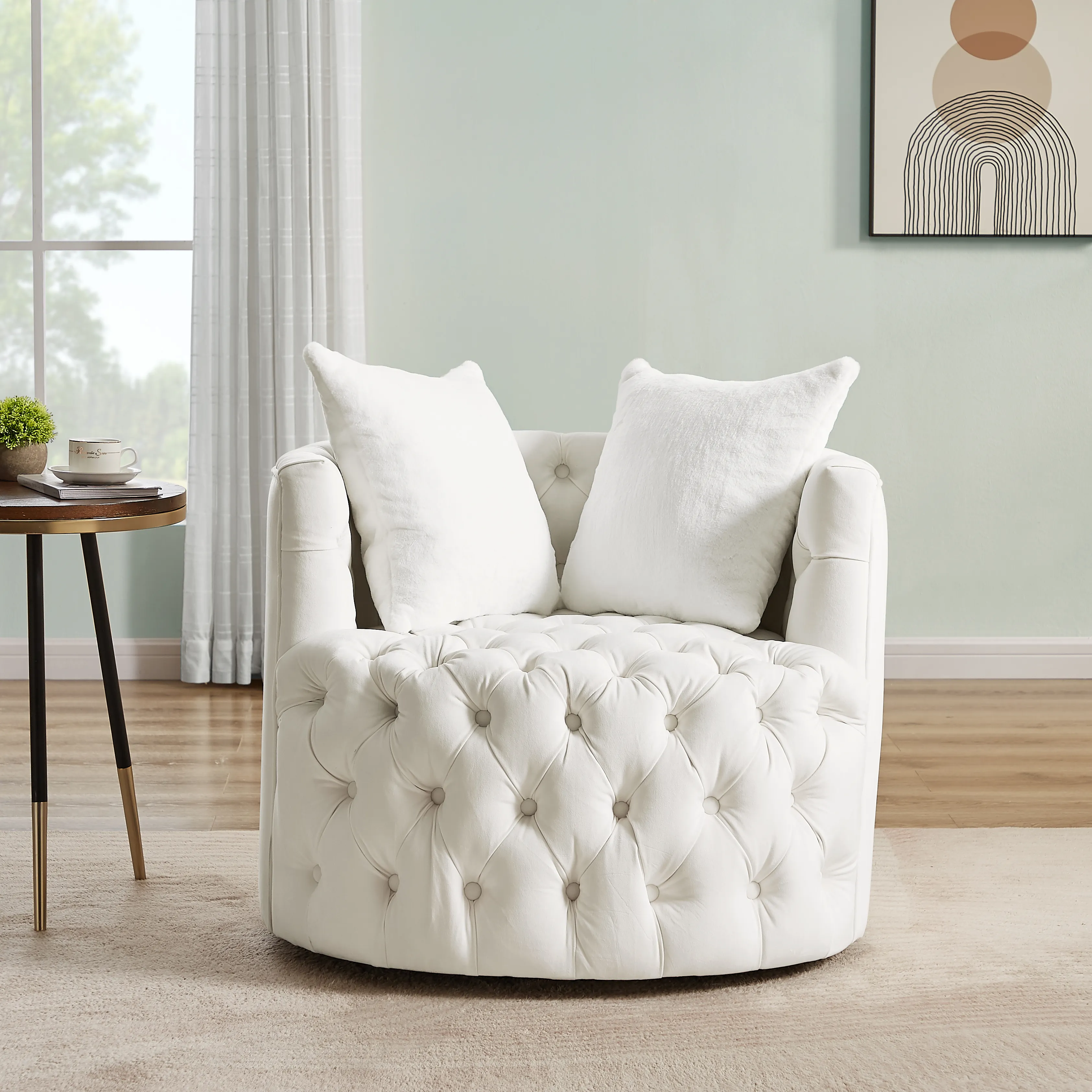 Modern Swivel Barrel Chair with 360° Rotating Base and 2 Pillows