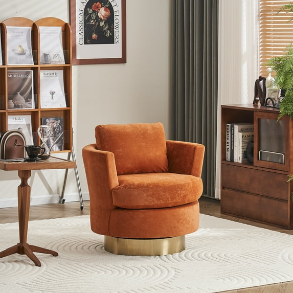 Modern Swivel Barrel Chair, Velvet Accent Armchair with Gold Stainless Steel Base, Reading Chairs for Bedroom, Living Room, Orange