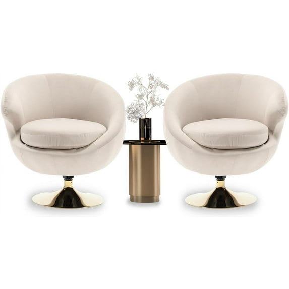 Modern Swivel Barrel Chair, Velvet Accent Chair Set of 2, 360 Swivel Round Cuddle Chair, Upholstered Armchair for Living Room, Bedroom, Hotel, Studio, Bar, Salon, Beige