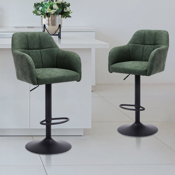 Modern Swivel Barstools Set of 2 Faux Leather Adjustable Height Barstools with Armrest Upholstered Adjustable Bar Chair with Metal Base Footrest for Kitchen Island/Home Bar/Dining Room, Green