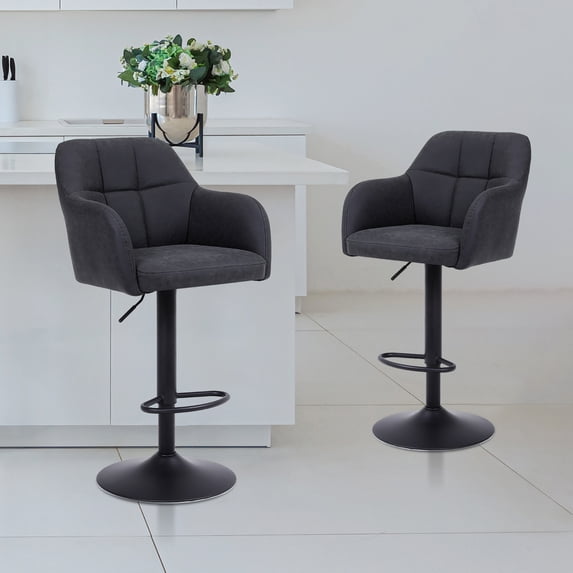 Modern Swivel Barstools Set of 2 Leather Counter Height Barstools with Armrest Upholstered Adjustable Bar Chair with Metal Base Footrest for Kitchen Island/Home Bar/Dining Room, Dark Grey