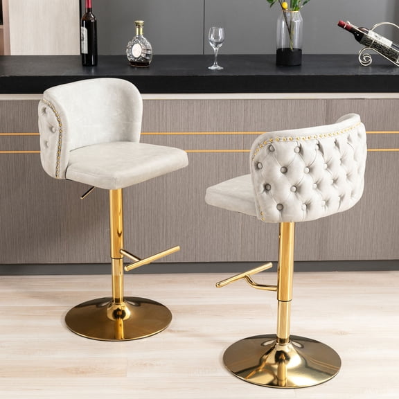 Modern Swivel Barstools with Adjustable Height and Back Tufting / Good for Kitchen Island, Beige 2-Piece