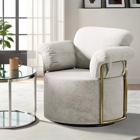 Modern Swivel Boucle Accent Chair Lounge Chair with Gold Metal Base Beige