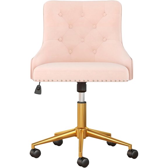 Modern Swivel Chair, Upholstered Velvet Comfy Desk Chair with Nailhead Trim, Adjustabale Armless Vanity Chair with Gold Base Button Tufted Winging Back, for Home Office Make-up, Light Pink