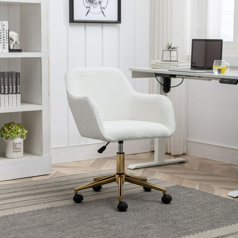 Modern Swivel Desk Chair Teddy Fabric Home Office Task Chair Adjustable Swivel Mid Back Cute Upholstered Accent Vanity Armchair with Gold Metal Legs and Universal Wheel for Home Office White Walmart.c...