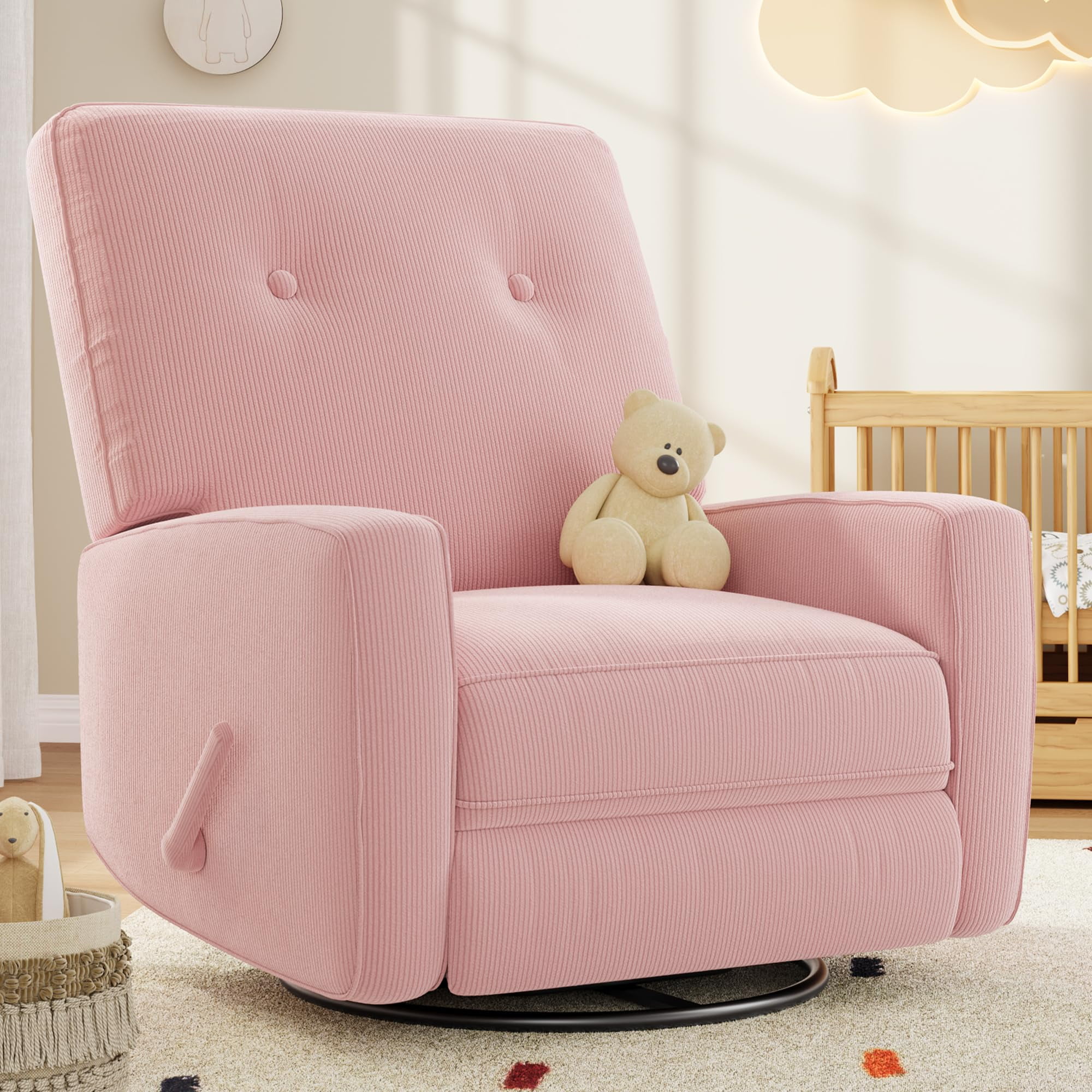 Modern Swivel Glider Recliner for Nursery & Small Spaces 360° Rocking Chair with Adjustable Lumbar Support & Footrest | Corduroy Upholstery for Apartment Living Room & Bedroom