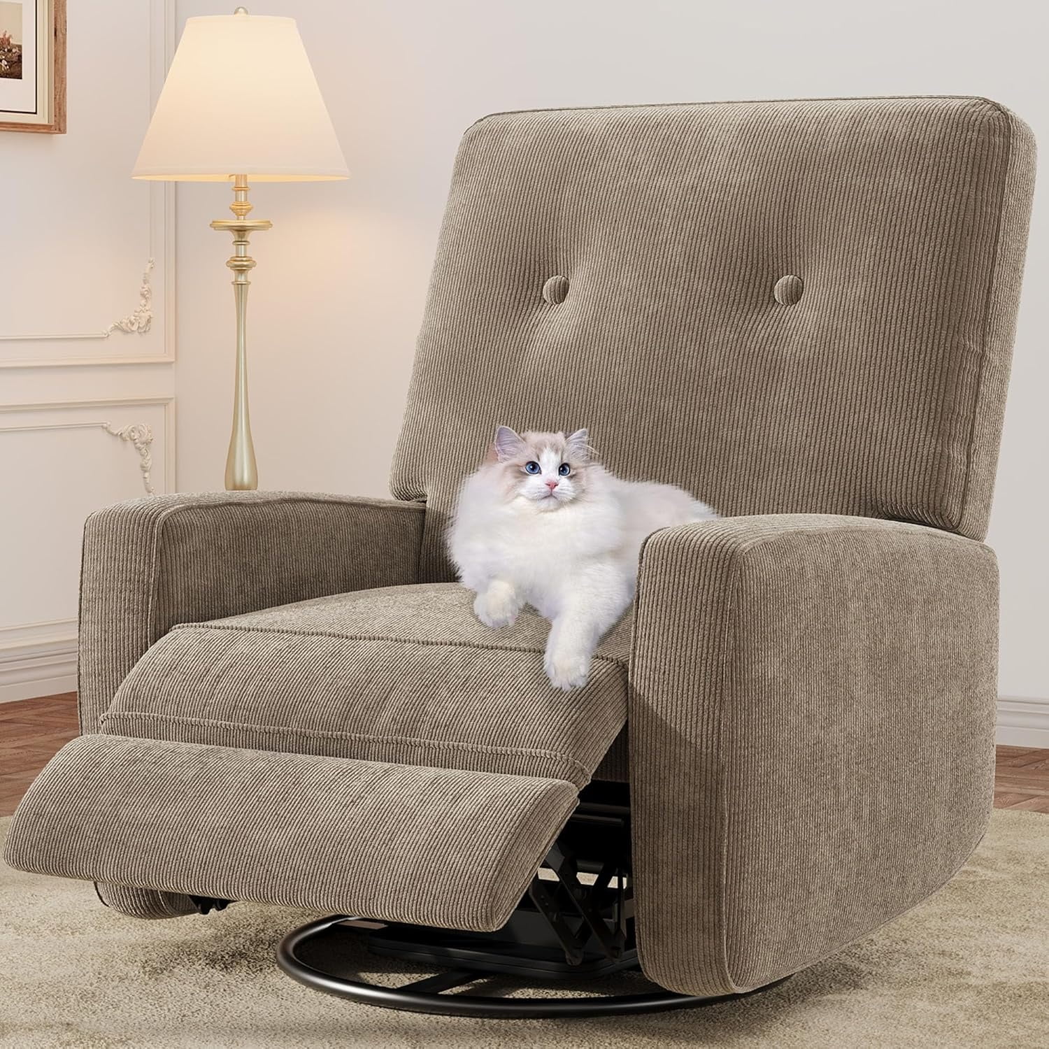 Modern Swivel Glider Recliner for Nursery & Small Spaces 360° Rocking Chair with Adjustable Lumbar Support & Footrest | Corduroy Upholstery for Apartment Living Room & Bedroom