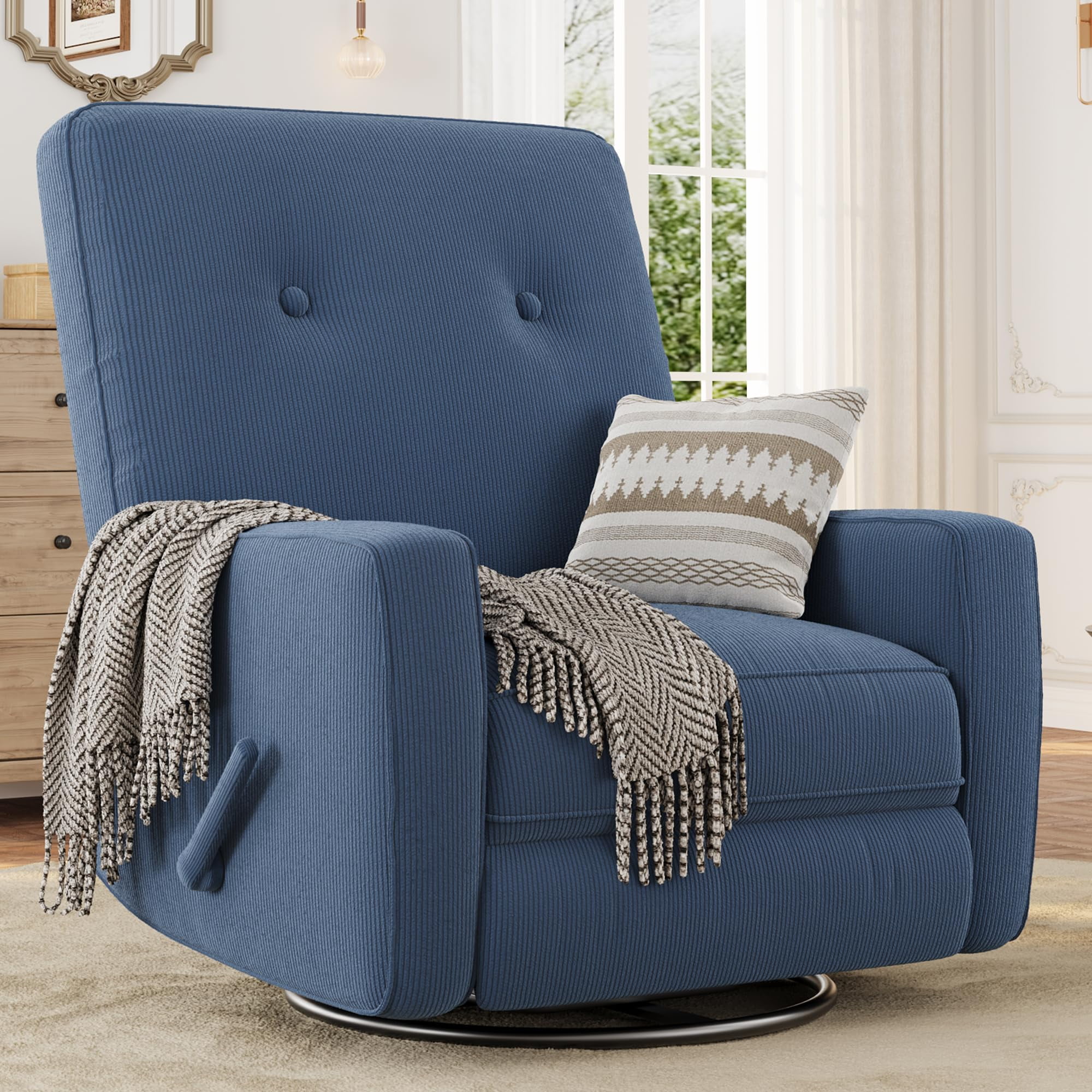 Modern Swivel Glider Recliner for Nursery & Small Spaces 360° Rocking Chair with Adjustable Lumbar Support & Footrest | Corduroy Upholstery for Apartment Living Room & Bedroom