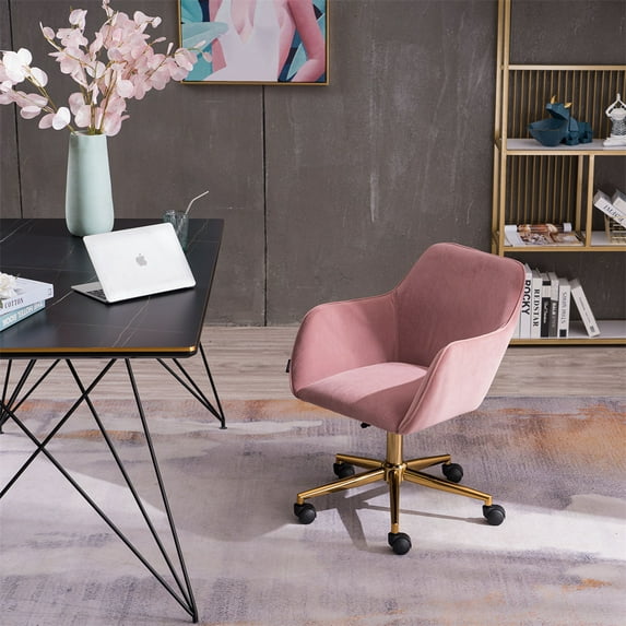 Modern Swivel Home Office Chair, Cute Mid-Back Velvet Upholstered Computer Desk Chair Armchair with Gold Metal Legs and Universal Wheels, Adjustable Height 360 Swivel Vanity Task Chair, Pink