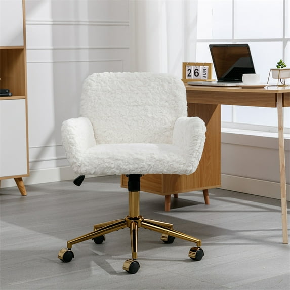 Modern Swivel Home Office Chair, Mid-Back Artificial Rabbit Hair Upholstered Computer Desk Chair Armchair with Gold Metal Legs & Universal Wheels, Adjustable Height 360 Swivel Vanity Task Chair, Beige