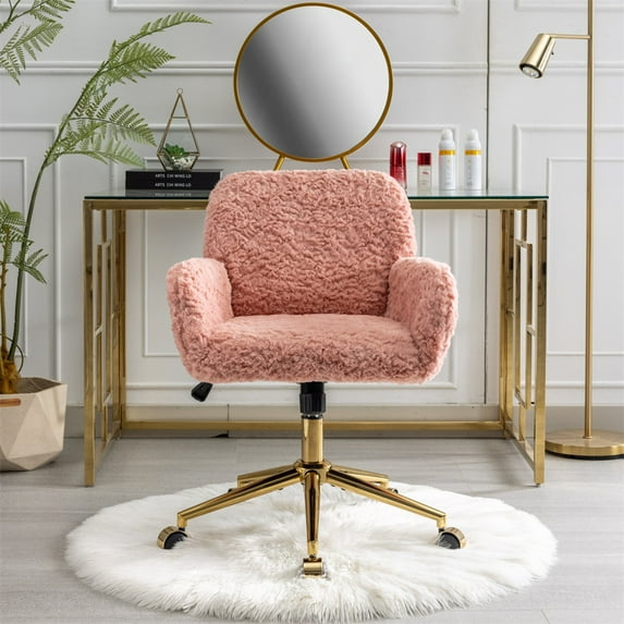 Modern Swivel Home Office Chair, Mid-Back Artificial Rabbit Hair Upholstered Computer Desk Chair Armchair with Gold Metal Legs & Universal Wheels, Adjustable Height 360 Swivel Vanity Task Chair, Pink