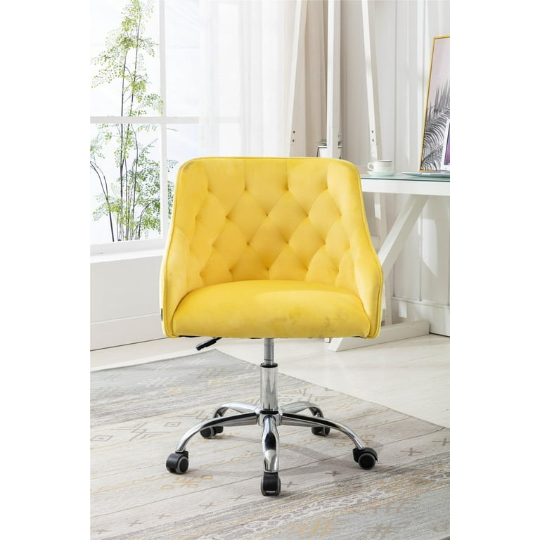 Modern Swivel Home Office Desk Chair Mid Back Velvet Shell Chair Yellow