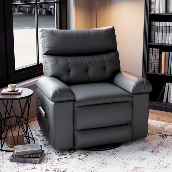 Modern Swivel Massage Recliner Chair, Power Rocking with Vibration and Heating, Overstuffed Faux Leather Single Sofa Chair, Rocking Glider for Living Room,Grey