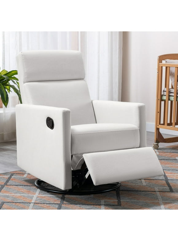 Modern Swivel Nursery Chair with 360 Degree Swivel Motion, Linen Fabric Recliner with Nursery Glider, Baby Rocker Chair with Soft Cushions for Nursing and Bonding, Beige