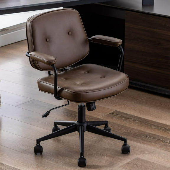 Modern Swivel Office Desk Chair with Armrest,  Height Adjustable Computer Chair with Wheels, Mid Back Tufted Button Desk Chair for Home Office, PU Brown, 1pc