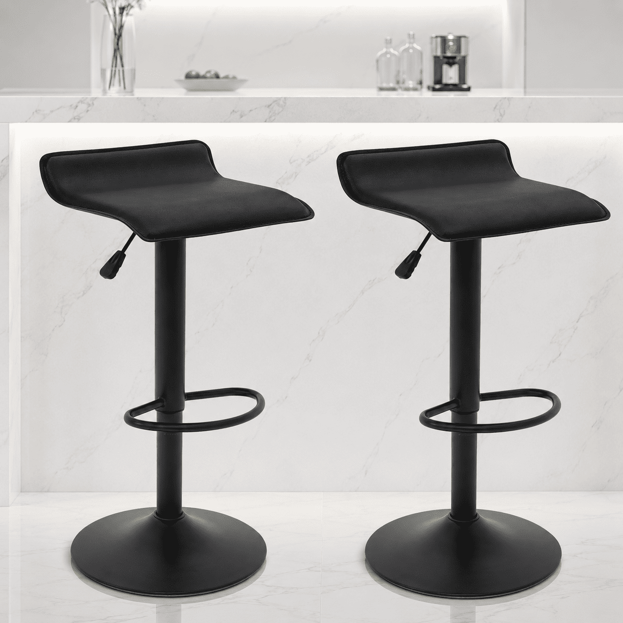 Adjustable Backless PU Leather Bar Stools Set of 2, 360° Swivel Counter Height Bar Stools with Footrest, Modern Armless Kitchen Island Chairs (Black, Black Base)