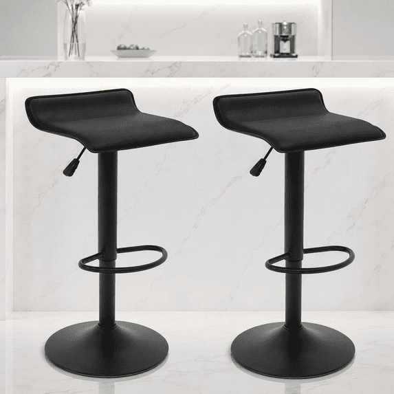 Adjustable Backless PU Leather Bar Stools Set of 2, 360° Swivel Counter Height Bar Stools with Footrest, Modern Armless Kitchen Island Chairs (Black, Black Base)