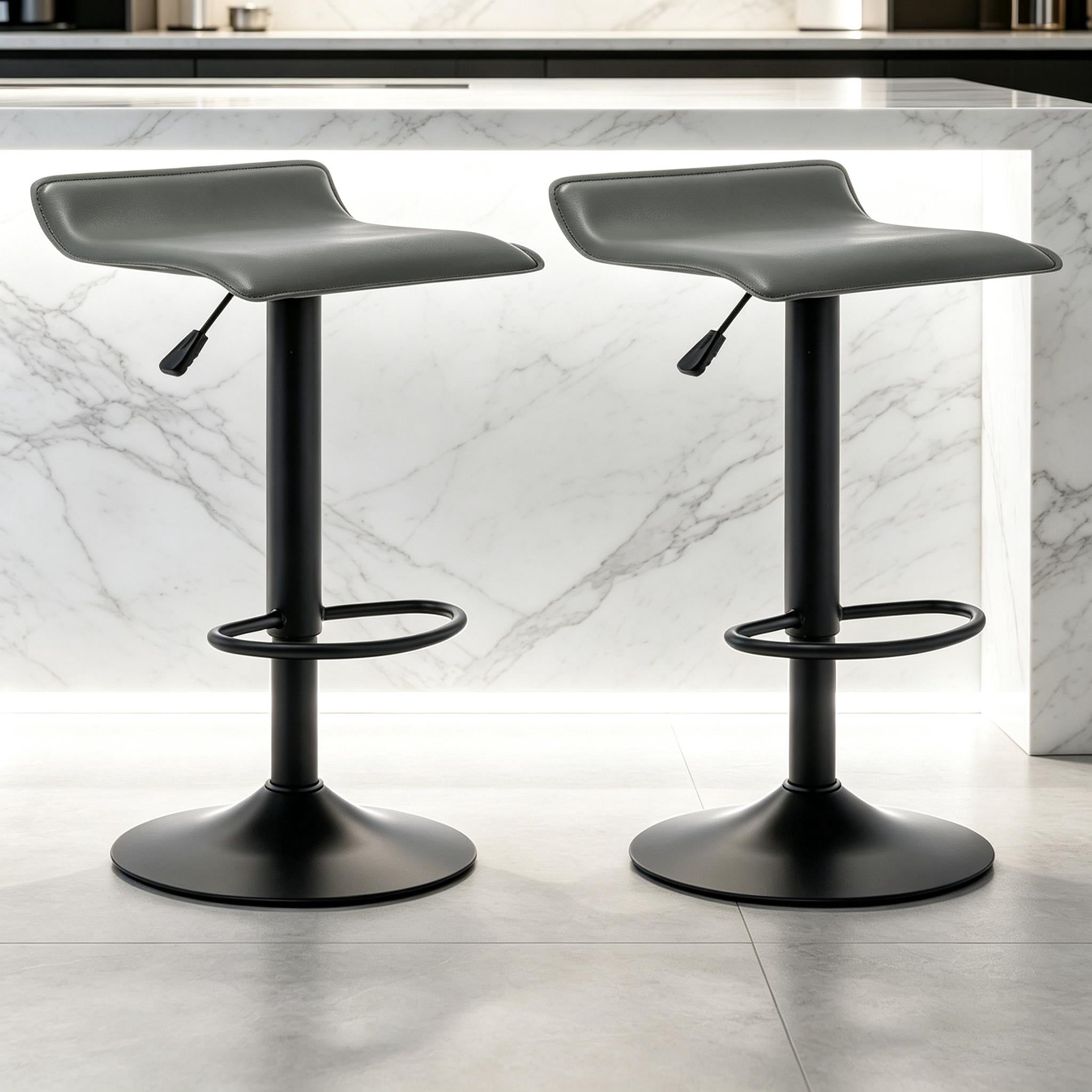 Adjustable Backless PU Leather Bar Stools Set of 2, 360° Swivel Counter Height Bar Stools with Footrest, Modern Armless Kitchen Island Chairs (Gray, Black Base)