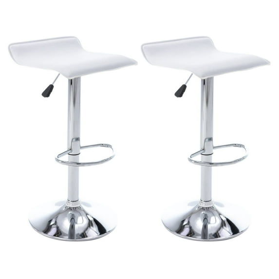 Modern Swivel PU Leather Airlift Barstools, Adjustable Backless Bar Stool Set of 2, Kitchen Counter Height Bar Chair for Dining Room (White, Silver Base)