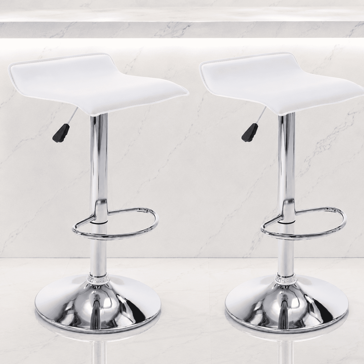 Adjustable Backless PU Leather Bar Stools Set of 2, 360° Swivel Counter Height Bar Stools with Footrest, Modern Armless Kitchen Island Chairs (White, Silver Base)