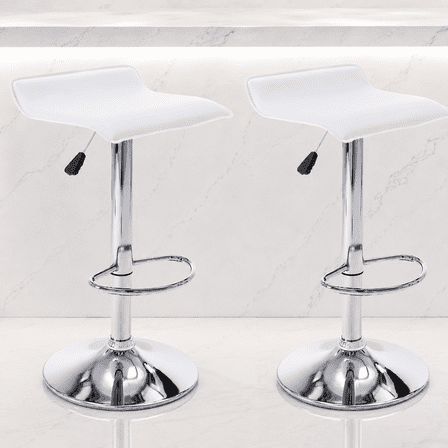 Adjustable Backless PU Leather Bar Stools Set of 2, 360° Swivel Counter Height Bar Stools with Footrest, Modern Armless Kitchen Island Chairs (White, Silver Base)