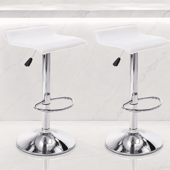 Adjustable Backless PU Leather Bar Stools Set of 2, 360° Swivel Counter Height Bar Stools with Footrest, Modern Armless Kitchen Island Chairs (White, Silver Base)