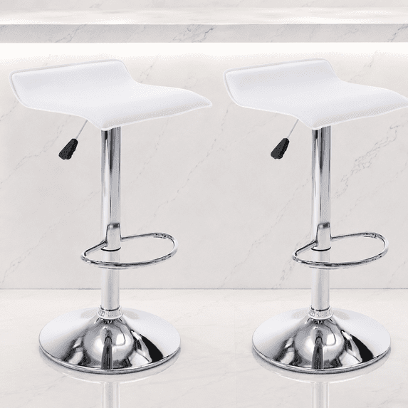 Adjustable Backless PU Leather Bar Stools Set of 2, 360° Swivel Counter Height Bar Stools with Footrest, Modern Armless Kitchen Island Chairs (White, Silver Base)