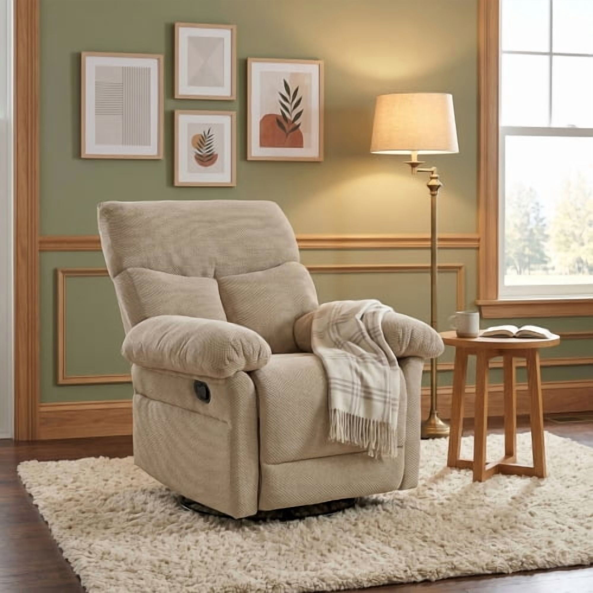 Modern Swivel Rocker Recliner Chair, Manual Overstuffed Glider Armchair with Textured Fabric, 360° Swivel & Rocking for Living Room and Nursery, Camel