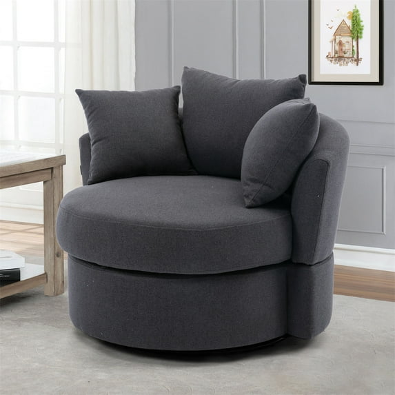 Swivel Barrel Chair,Modern Swivel Accent Chair,Upholstered Linen Fabric Chair,Leisure Single Sofa Chair,Lounge Chair with Padded Seat and Sturdy Metal Base for Living Room Office,Charcoal Grey