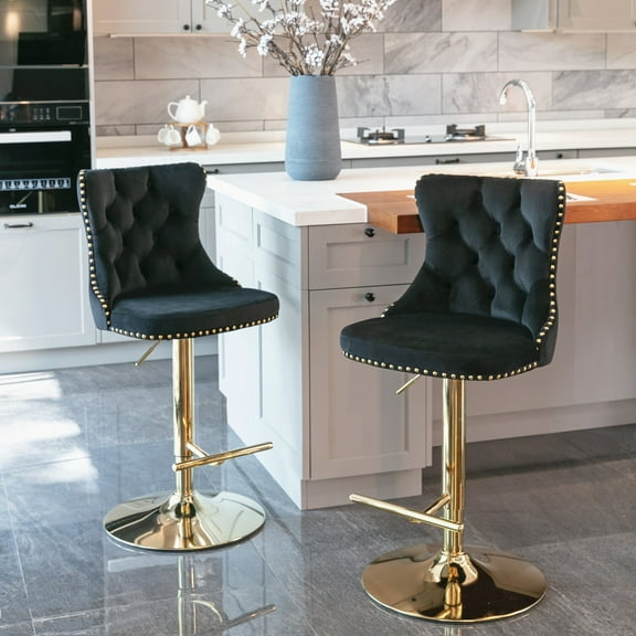 Modern Swivel Velvet Bar Stools Set of 2, Adjustable Height 25-33 Inch, Upholstered Tufted Back Bar Chairs for Kitchen Island, Home Pub & Dining (Black)