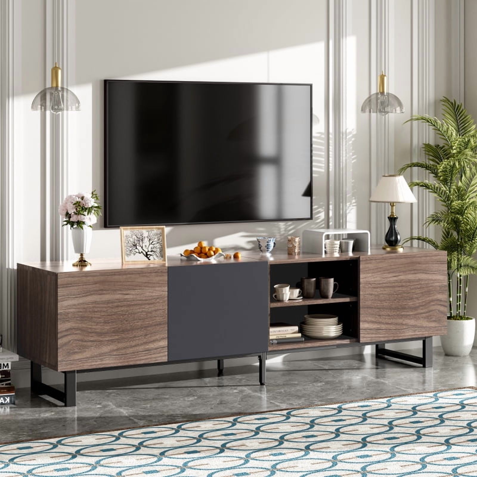 Modern TV with 3 Cabinets& Open Shelves, Color-matching Media Console ...