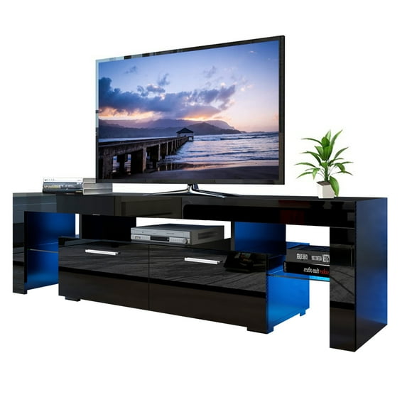 Modern TV Cabinet for 70 Inch TV, Large Television Stand with 16 Color LED Light, Console TV Cabinet with 2 Drawers, TV Cabinet for Living Room, Bedroom, 20 Minutes Quick Assemble