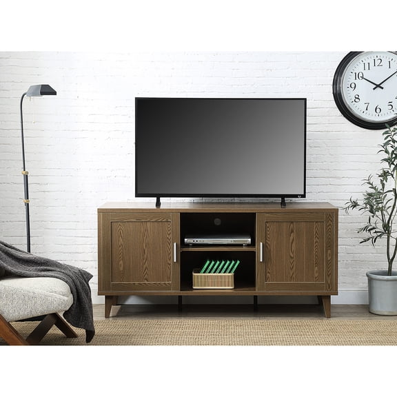 Modern TV Console for 60 - 69 Inch TVs | Two Panel Doors, Three Shelves for Media | Nickel Hardware, Classic Finish | Simple Assembly for Living Spaces