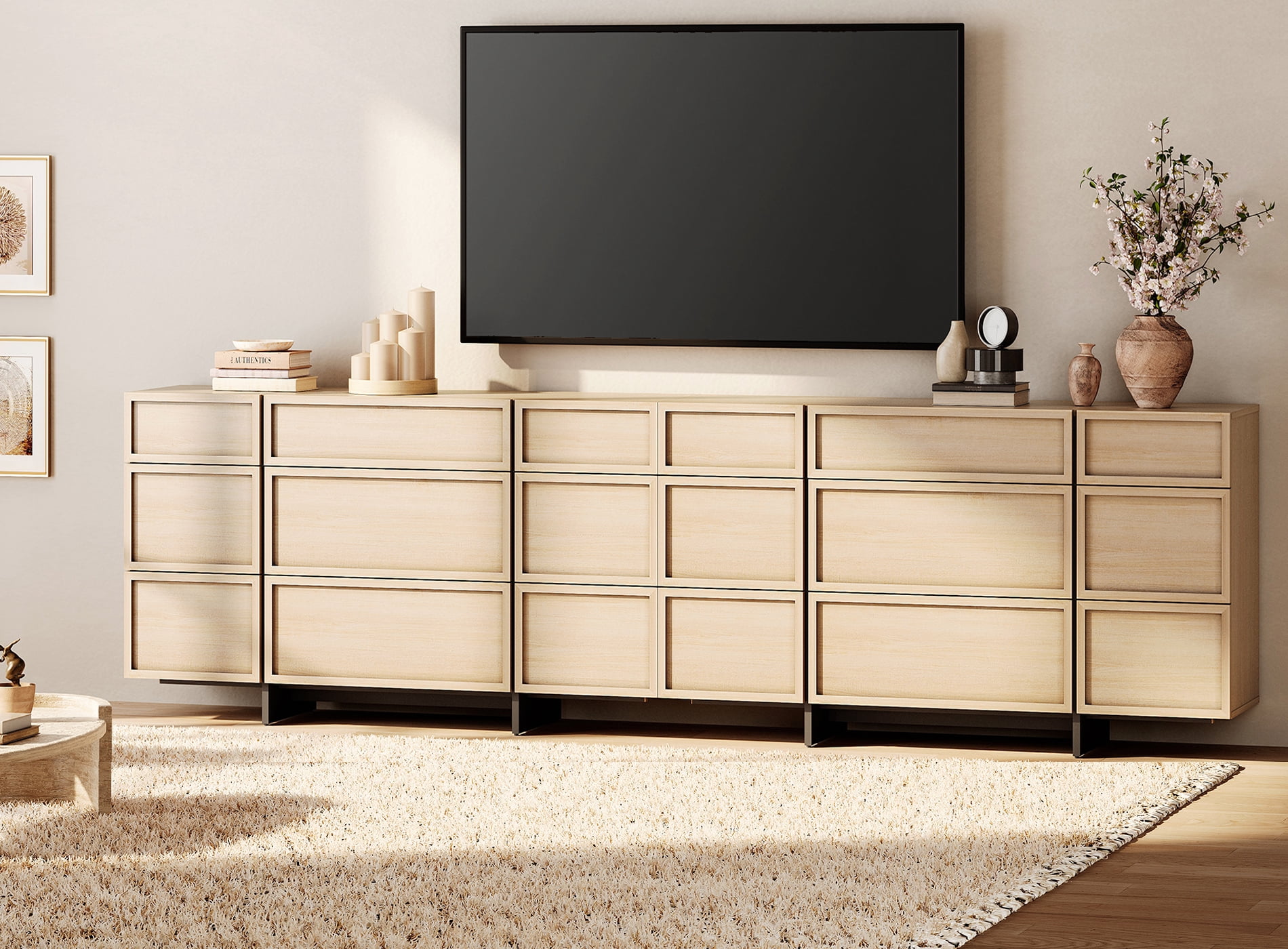 Modern TV Stand with 18 Drawers and T-Shaped Wood Legs, Picture Frame Style Entertainment Center Media Console with Smooth Metal Slides, Fits TVs up to 110 Inch for Living Room Bedroom,Beige