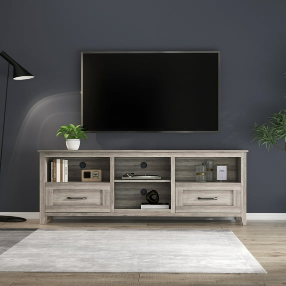 Modern TV Stand with 2 Drawers and 4 High-Capacity Storage Compartment, Entertainment Center with Circular Cable Holes, Media Console Table for Flat Screen TVs up to 60 Inches for Living Room, Grey Wa