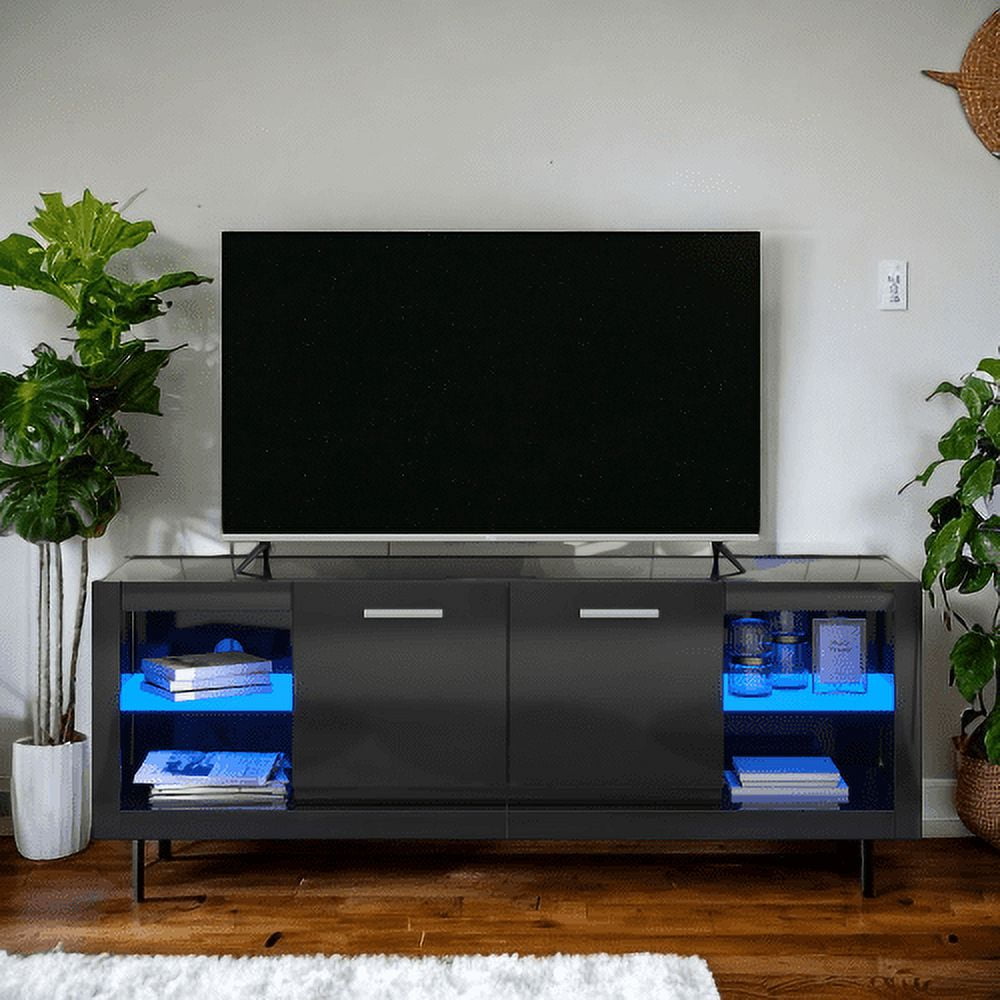 Modern TV Stand with 2 Tempered Glass Shelves, High Gloss Entertainment