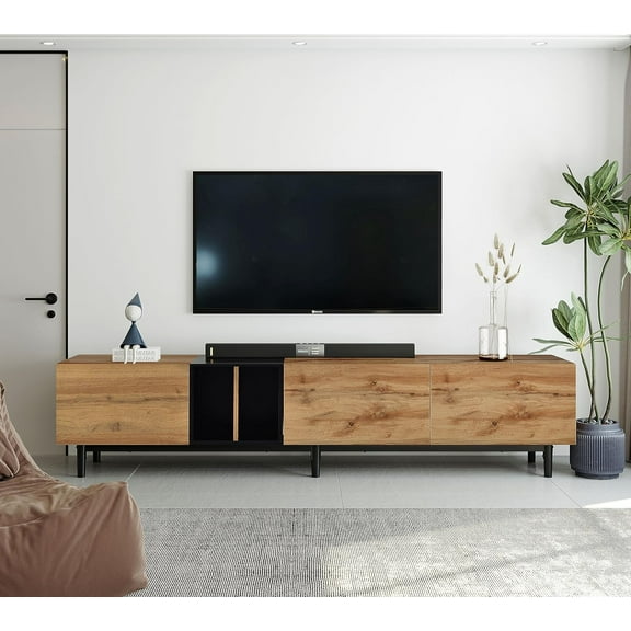 Modern TV Stand with 3 Cabinets & Open Shelves, Minimalist Wooden Entertainment Center for TVs Up to 80”, Sturdy TV Console for Living Room Bedroom Decor (Wood)