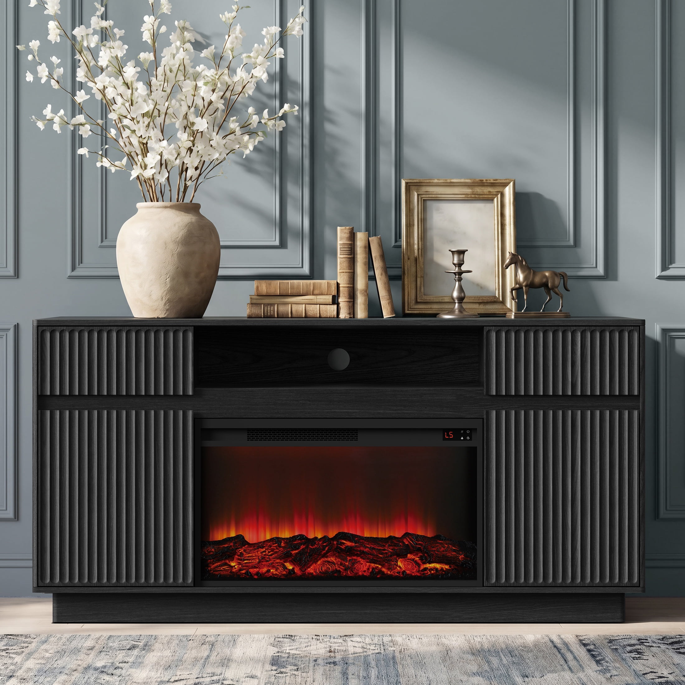 PAPROOS Fireplace TV Stand for 70 Inch TV, 64'' Wide Wood TV Cabinet with 30'' Electric Fireplace, Modern Fluted Entertainment Center TV Console Table for Living Room, Black