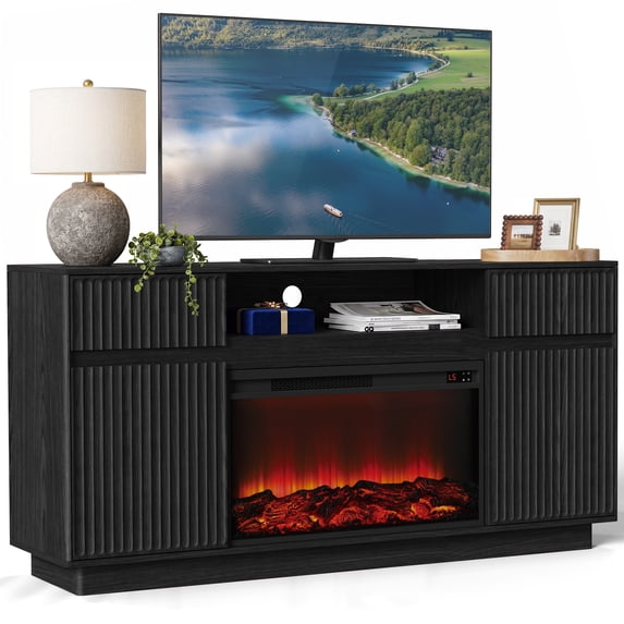 PAPROOS Fireplace TV Stand for 70 Inch TV, 64'' Wide Wood TV Cabinet with 30'' Electric Fireplace, Modern Fluted Entertainment Center TV Console Table for Living Room, Black