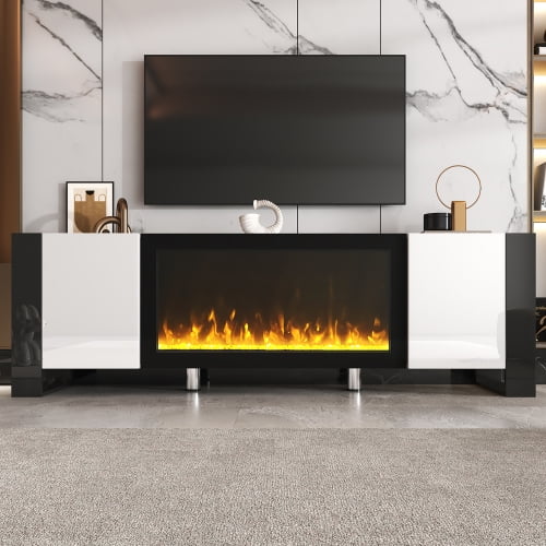 Modern TV Stand with 34.2 Inch Electric Fireplace, High Gloss Entertainment Center for TVs up to 78", Media Console with 2 Storage Cabinets for Living Room, White