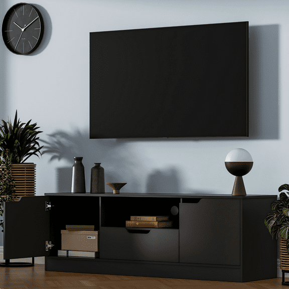 Modern TV Stand for 55/60/65 Inch TV, Media TV Console Table with 2 Doors & Drawer, Entertainment Center with Storage Cabinet for Living Room, Bedroom, Black