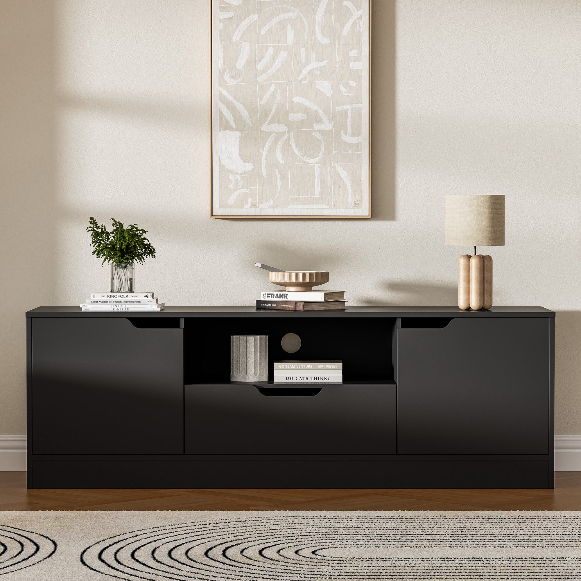 Modern TV Stand for 55/60/65 Inch TV, Media TV Console Table with 2 Doors & Drawer, Entertainment Center with Storage Cabinet for Living Room, Bedroom, Black