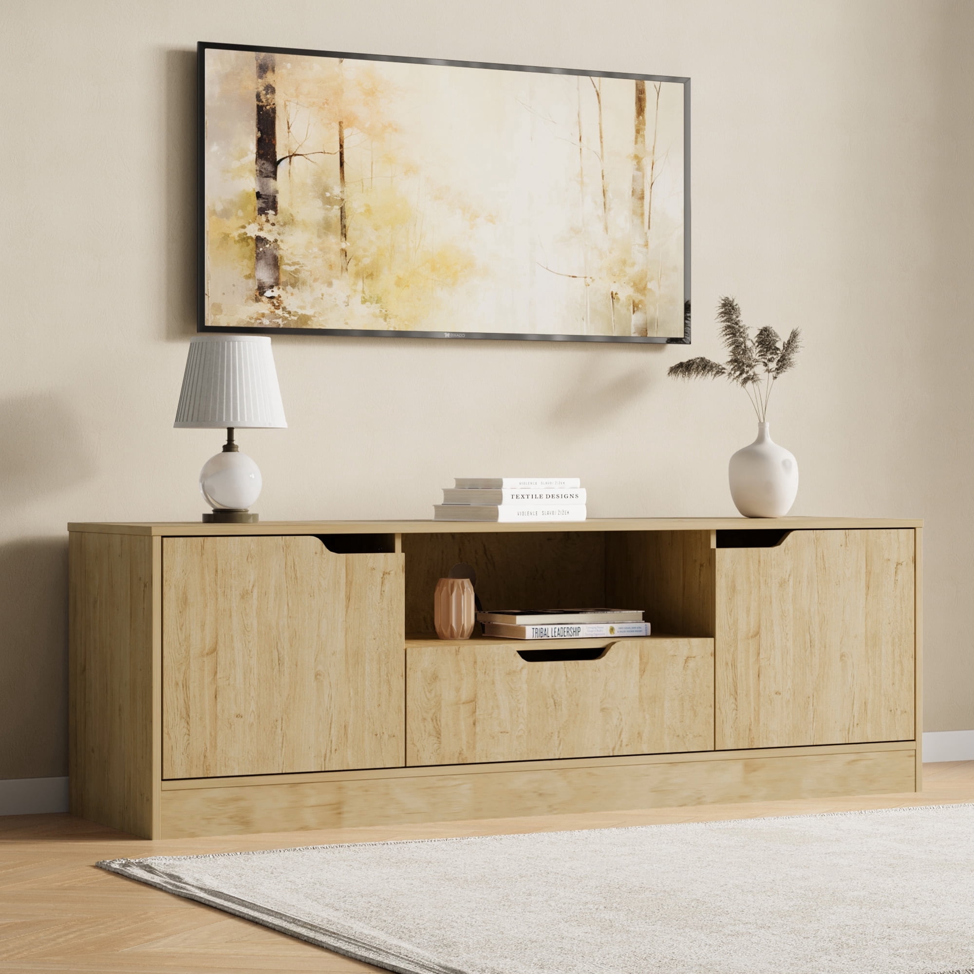 Modern TV Stand for 55/60/65 Inch TV, Media TV Console Table with 2 Doors & Drawer, Entertainment Center with Storage Cabinet for Living Room, Bedroom, Oak