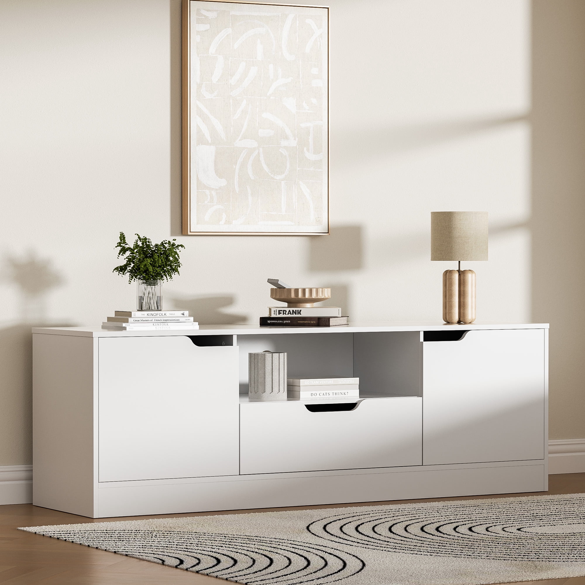 Modern TV Stand for 55/60/65 Inch TV, Media TV Console Table with 2 Doors & Drawer, Entertainment Center with Storage Cabinet for Living Room, Bedroom, White