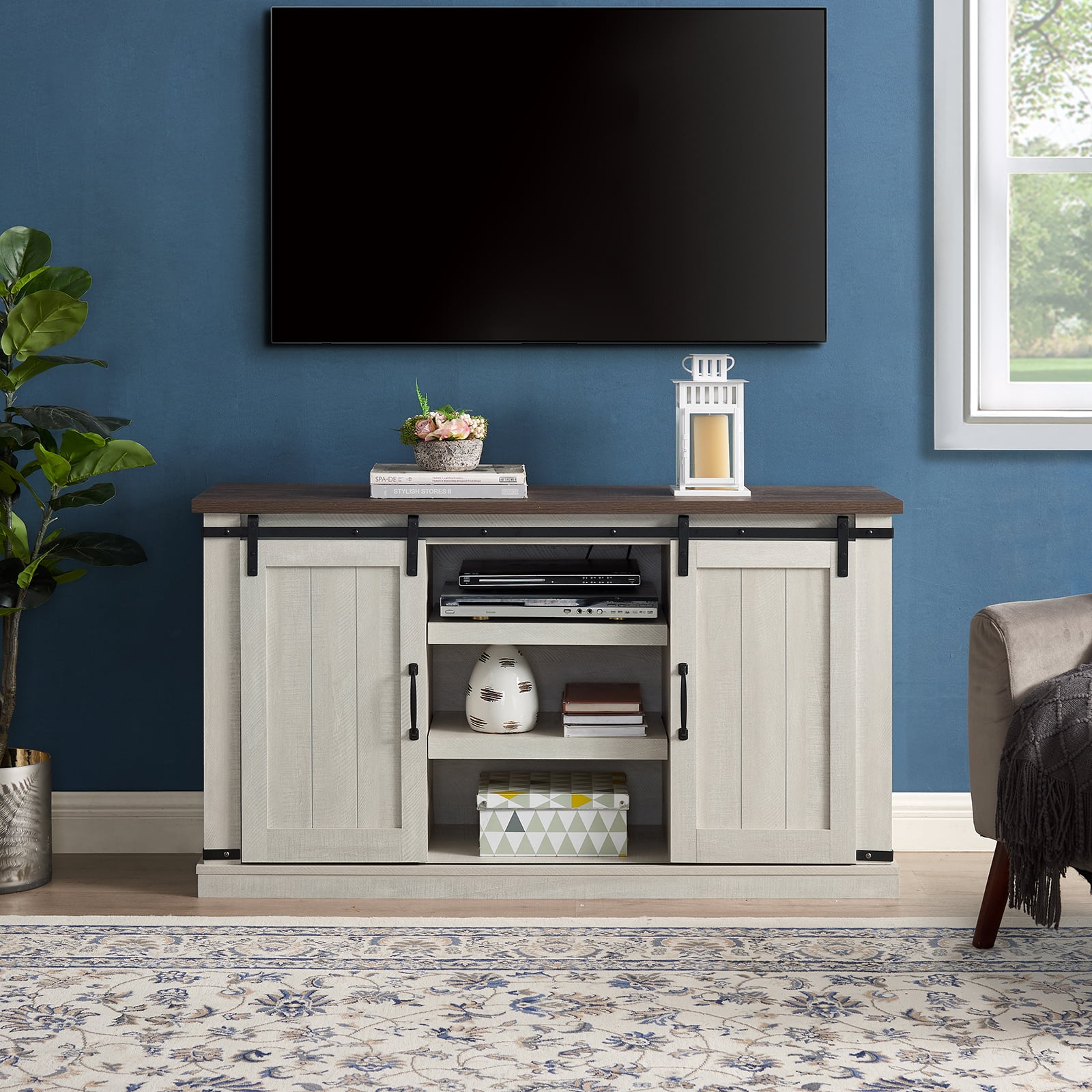 Modern TV Stand Stand for 60 inch TV 30 Tall Farmhouse Style Entertainment Center Wood Media Console Table with Torage Cabinet Sliding Barn Doors