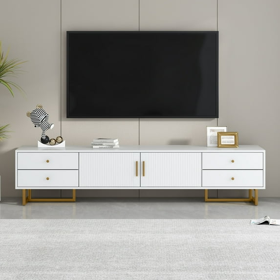 Modern TV Stand for 65+ Inch TV, TV Console Cabinet Furniture with 4 Drawers and 1 Cabinet, Low Profile TV Stand with Storage, Entertainment Center for Living Room, White