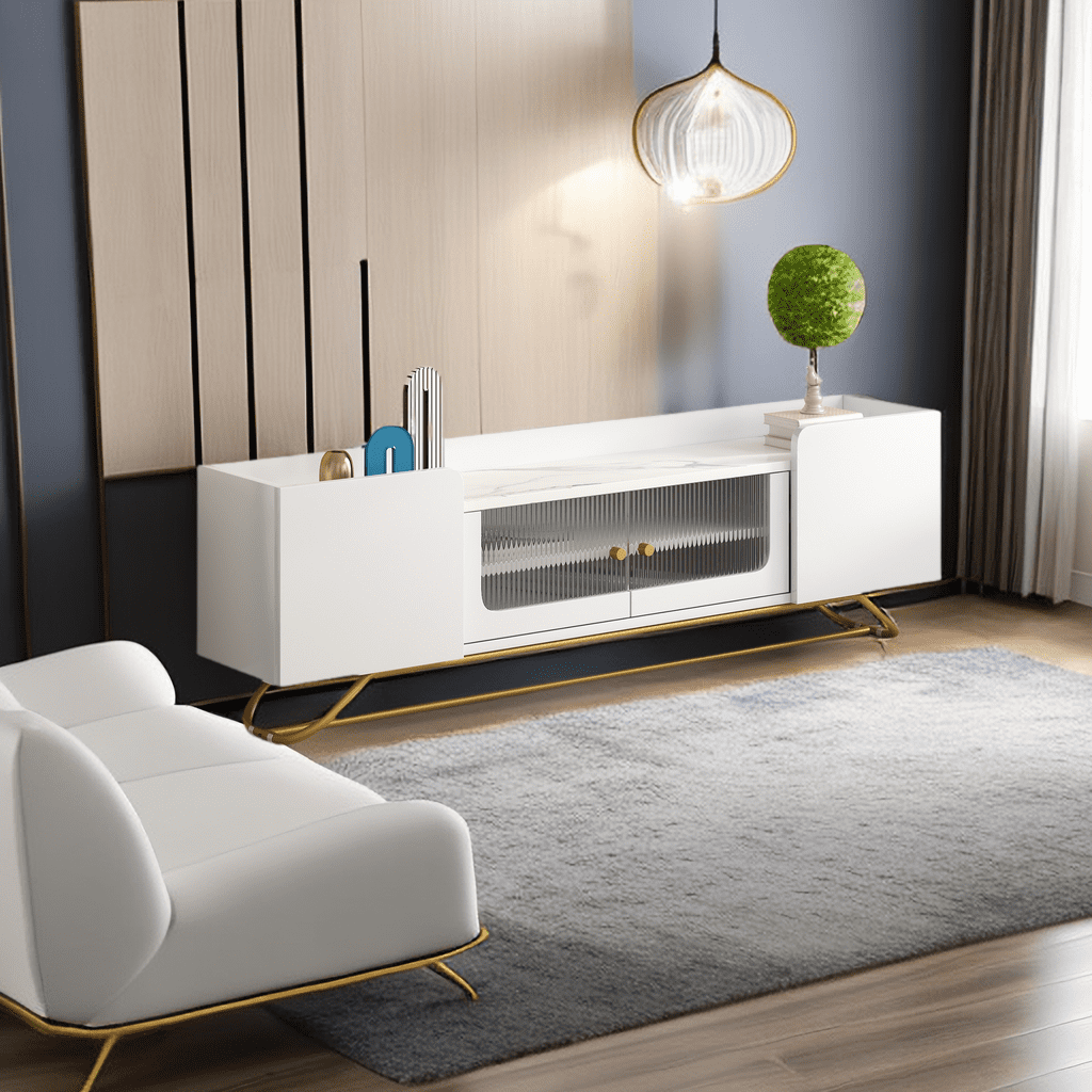 Modern TV Stand for 70"+ TV, Faux Marble Top TV Console with Fluted