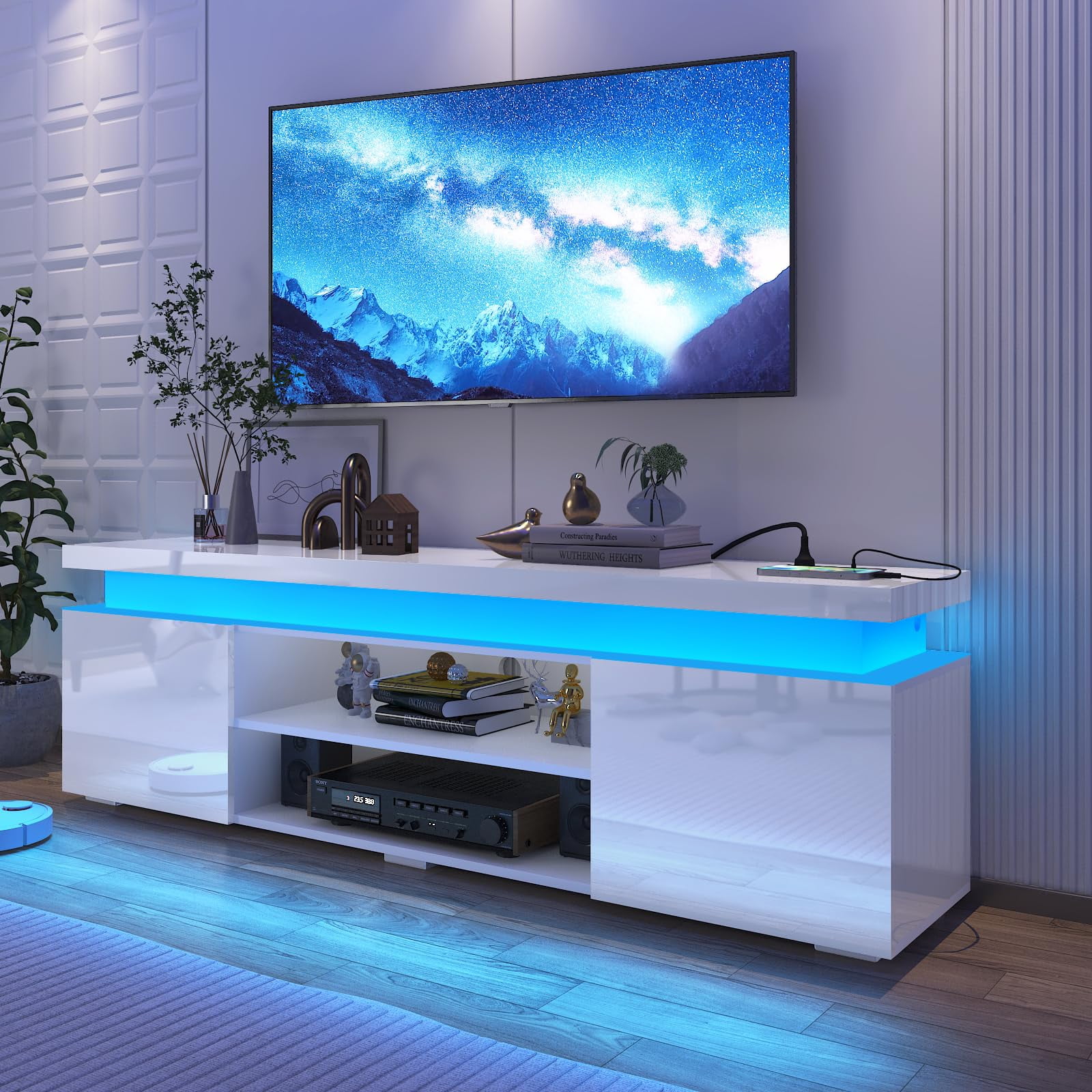Smart Power Socket Plug Modern TV Stand for 75 Inch TVs, High Gloss Entertainment Center with ...