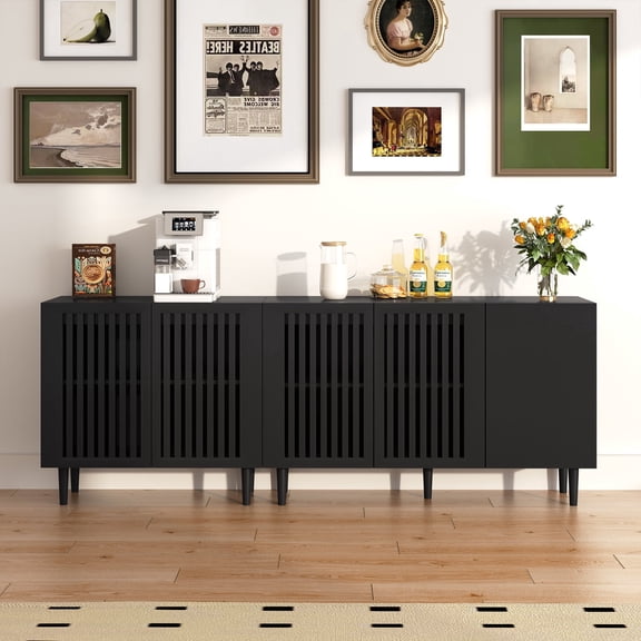 Modern TV Stand, 78.7" Storage Cabinet with 5 DIY Doors and Adjustable Shelf, Sideboard Coffee Bar Cabinet with Solid Wood Feet for Kitchen,Dining Room,Living,Black